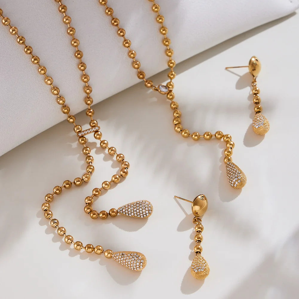 Stainless Steel Y Necklace for Women 18k Gold Plated Beaded Chain Inlaid Zircon Droplet Pendant Necklaces Matching Earrings