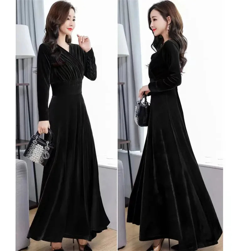 Golden Velvet Dress For Women Spring Autumn New Fashion Sexy V-Neck Long Sleeve Dress Lady Party Evening Dresses Long Vestidos