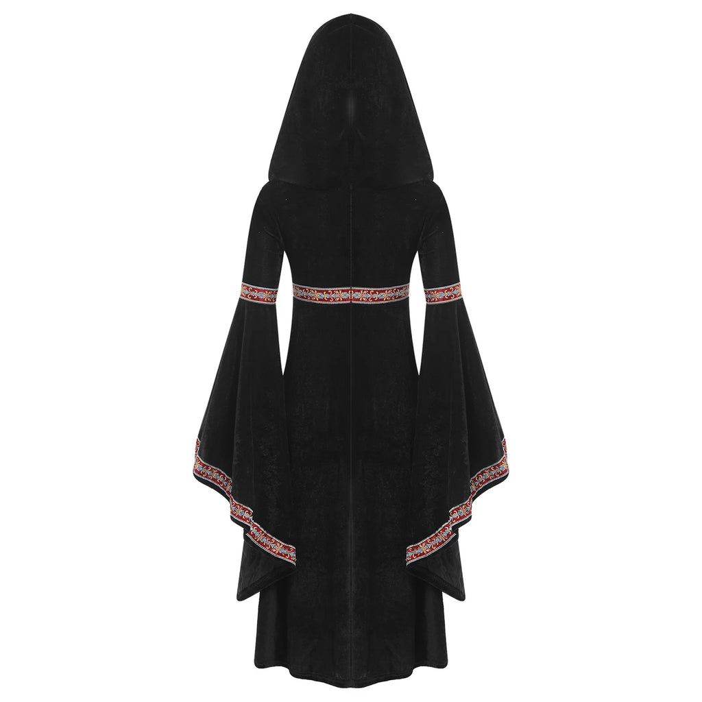 Girls Enchanting Medieval Princess Gown with Embroidered Velvet Trim And Trumpet Sleeves Dress for Halloween Cosplay Events