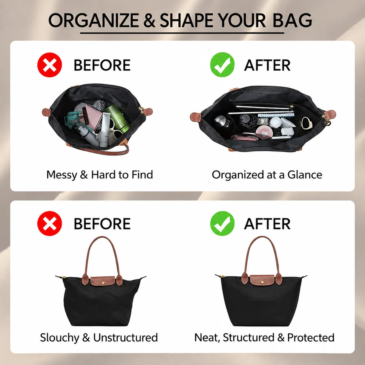 Nylon Bag Organizer Insert Compatible with Longchamp Le Pliage Large Tote, Lightweight Purse Divider Shaper with Multiple Pocket