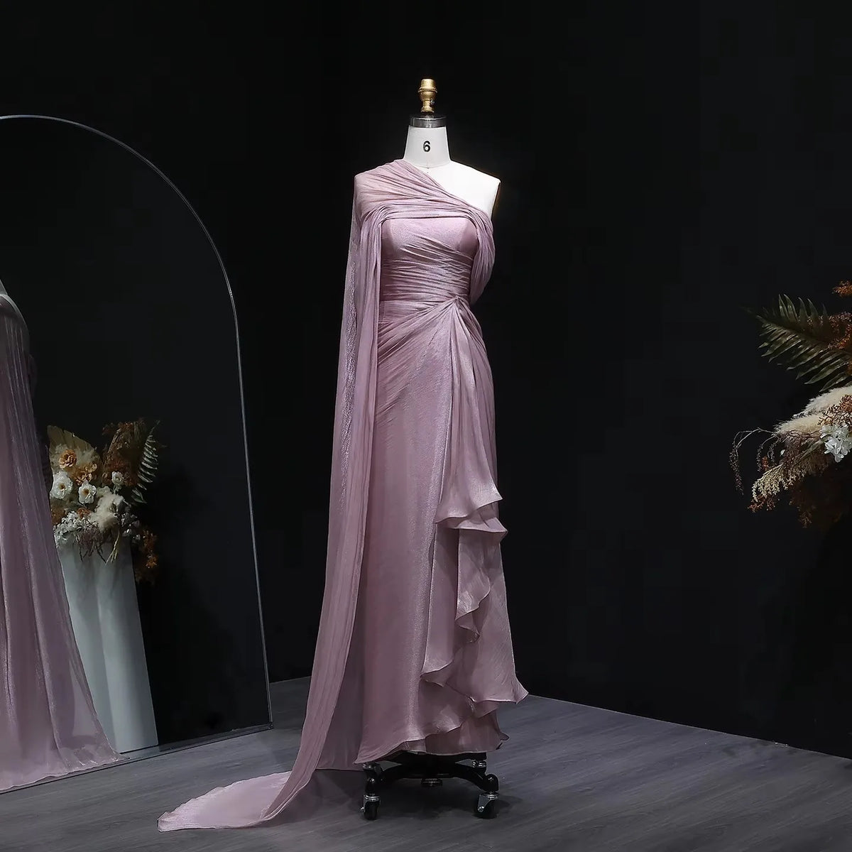 Women Elegant Dresses One Shoulder Dusty Pink Evening Gown Chiffon Ruched Cape Sash Wedding Guest Bridesmaid Dress