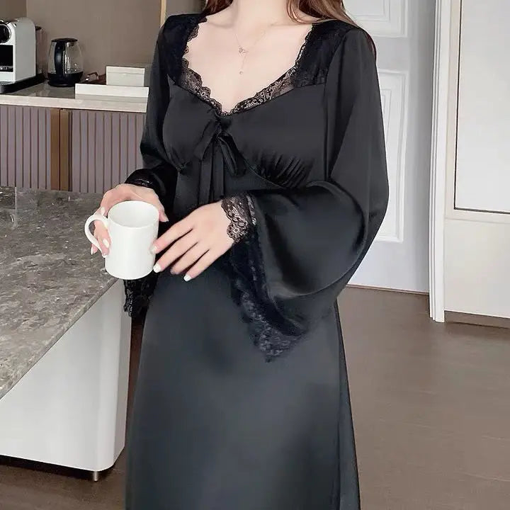 Long Nightgown Women Sleepwear Soft Satin Sleep Dress Nightdress Spring Autumn Home Dress Gown Loose Intimate Lingerie Nightwear