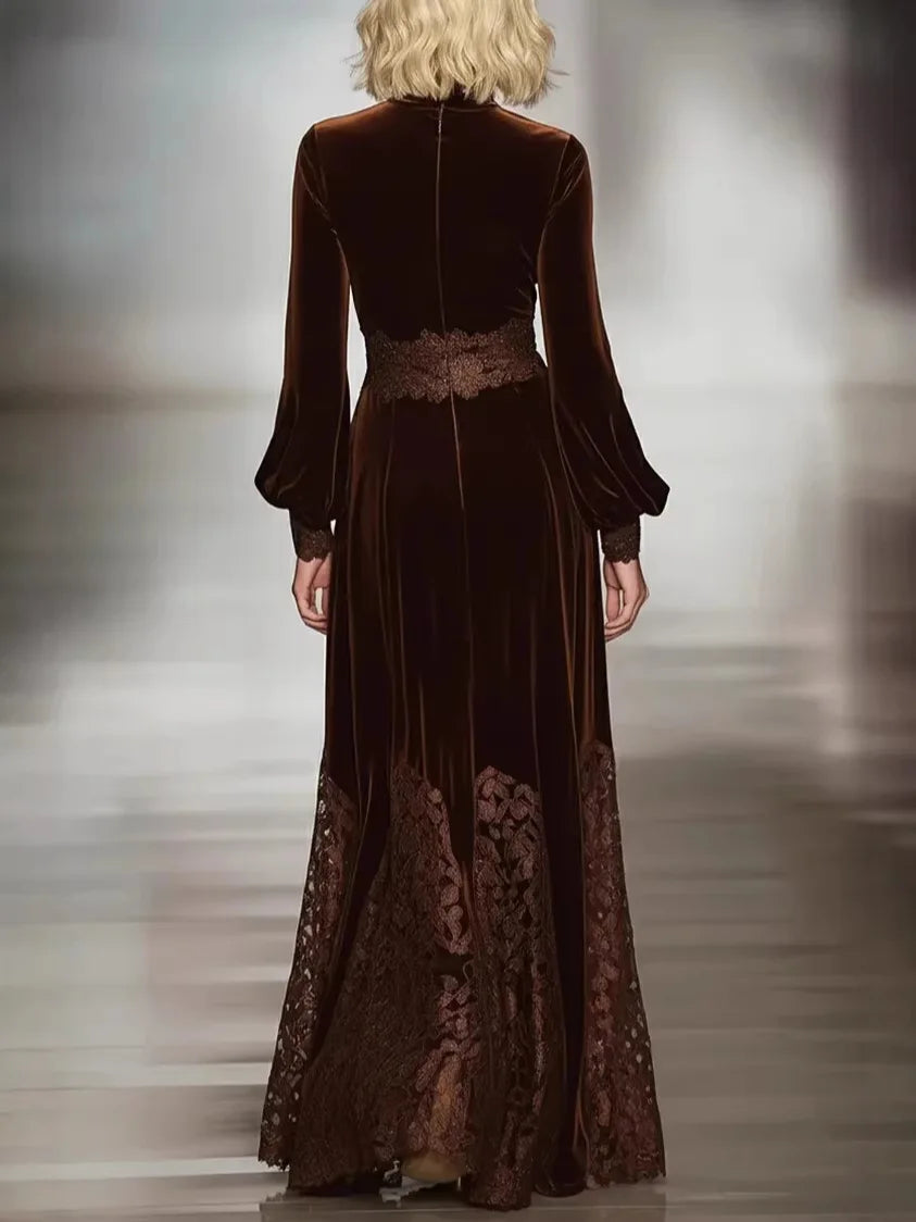 2026 Elegant Velvet Dress for Women Spring Autumn Vintage Solid Turtleneck Lace Hem Long Dress High Waist A-line Evening Dresses