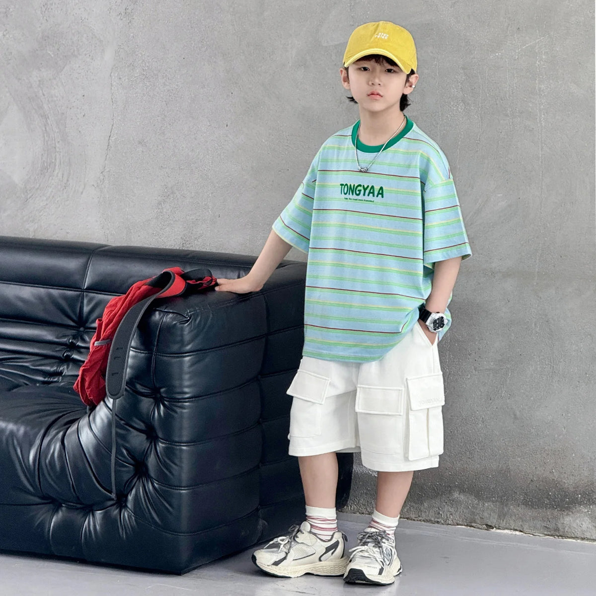 Kids Children Fashion Short Sleeve Green Striped T-shirt for Tweens Boy Summer Clothing Streetwear Cotton Tshirt Outfit Age 5-14