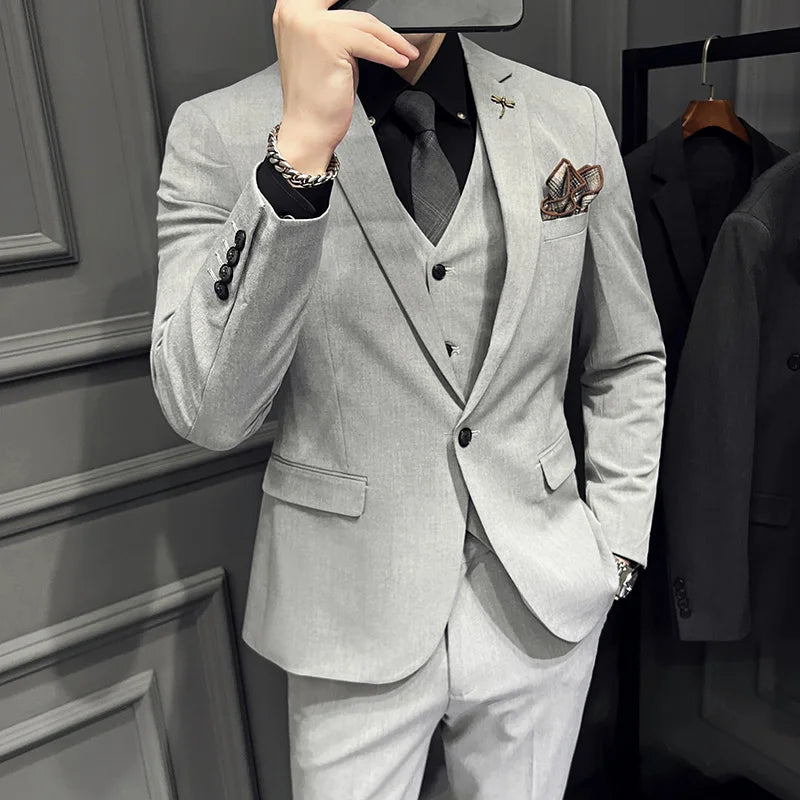 Men's 3 Piece Suit Set Single‑Button Slim Fit Solid Color Business Casual Wedding Party Jacket Vest Pants Formal Outfit for Men