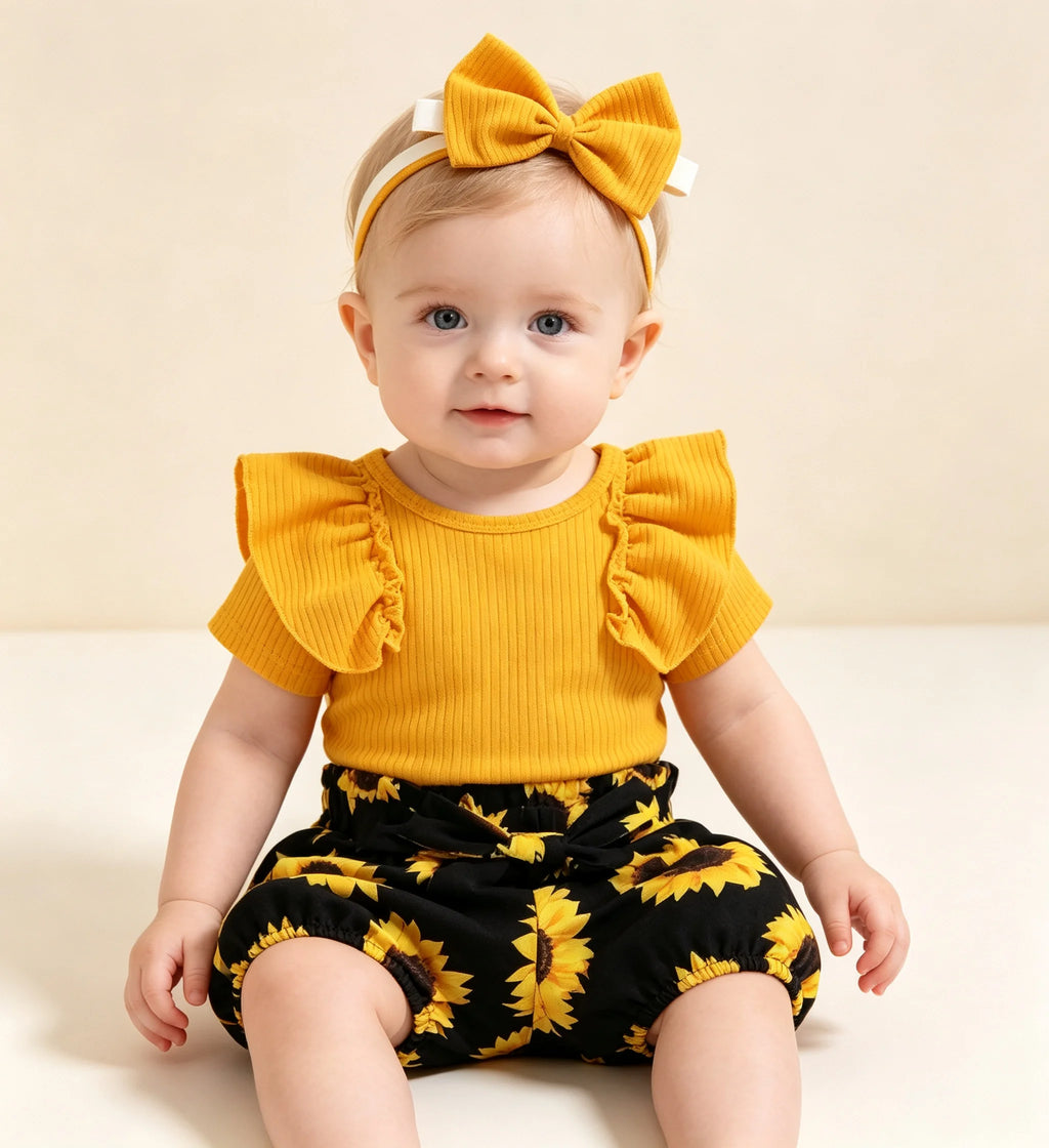 Baby Girl 3pcs Clothes Set Ruffled Romper + Sunflower Print Shorts + Bow Headband Set For Infant Girls
