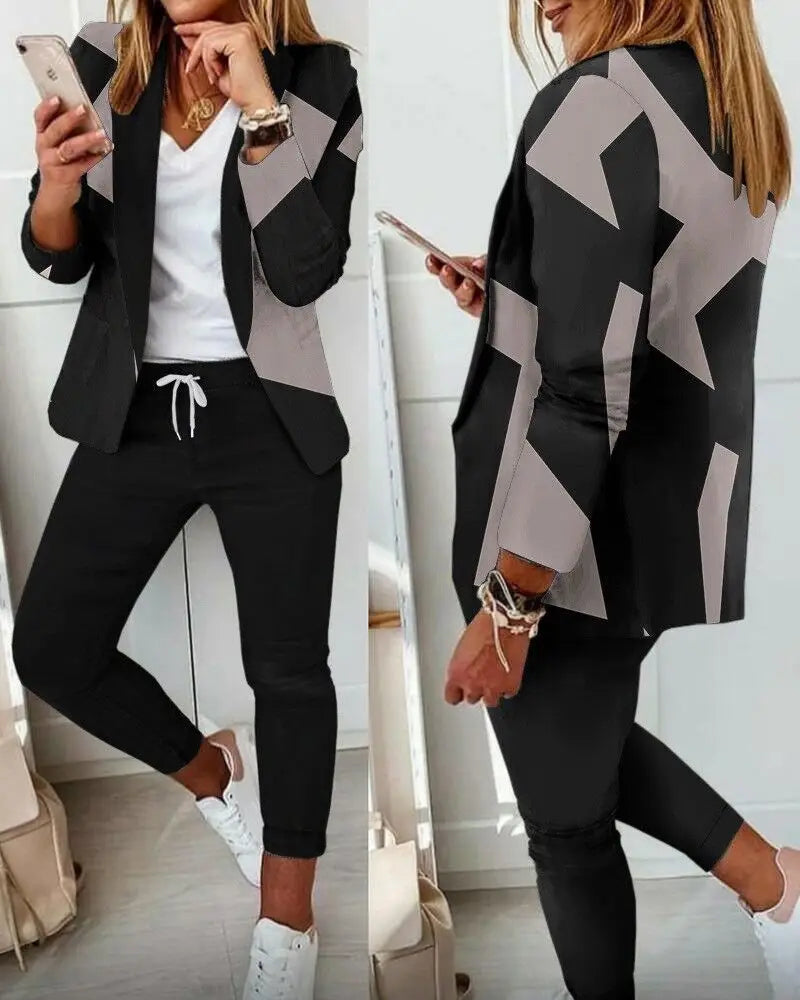 Two Piece Set Women Outfit Office Ladies 2023 Autumn Plaid Print Long Sleeve Elegant Blazer Coats & Drawstring Work Pants Set