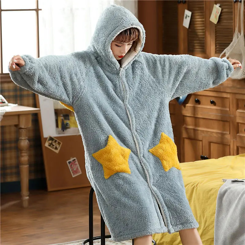 Winter Pajamas For Women Cartoon Hooded Long Robe Cute Nightgown Sleepwear Bat Animal Kawaii Flannel Warm Comfy Lounge Bathrobes