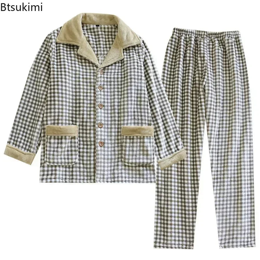 2026 Men's Warm Pajamas Winter Plus Velvet Thickened Flannel Warm Long Sleeve Trousers Pajama Sets Coral Fleece Homewear Outfits