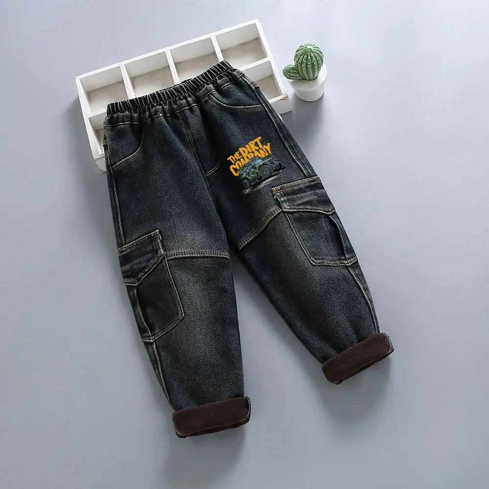 2022 New Warm pants Kids Cartoon Pant Fashion Boy Girl Jeans Winter Thickening Kids Denim Pants Baby Jean Infant Clothing 1-6Y