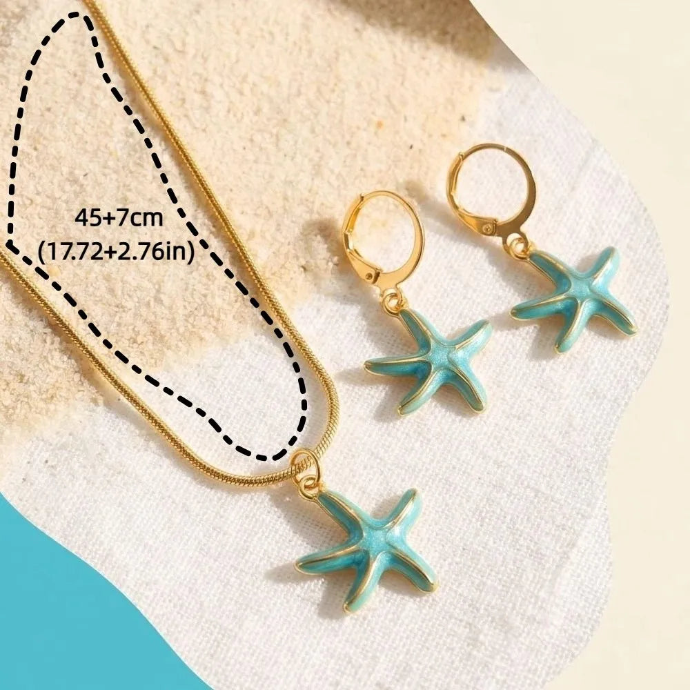 Women's Jewelry Set Bohemian Ocean Theme Jewelry Set Adjustable INS Necklace Earrings Set Blue Fashion Starfish Necklace Women