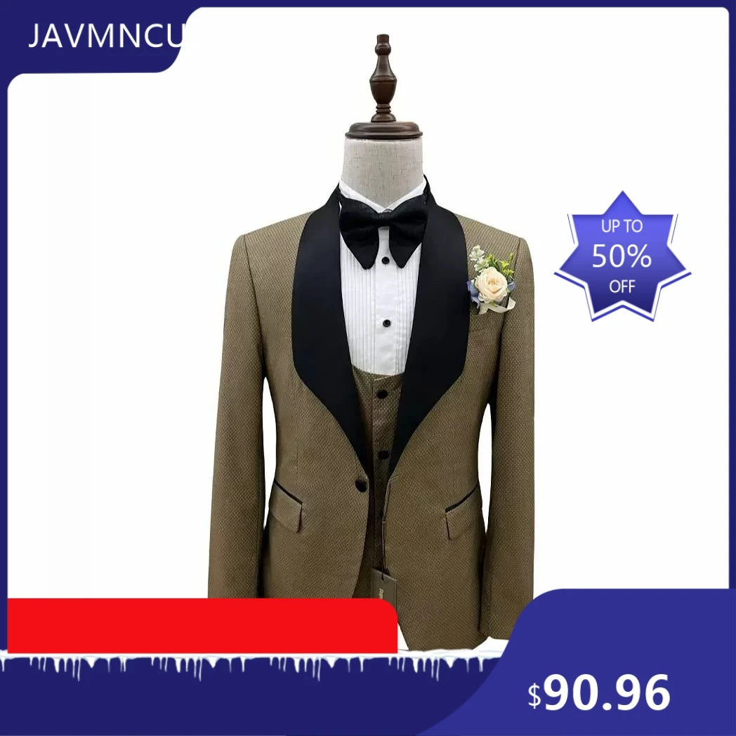 Men's 3 Piece Slim Fit Suit Set 2026 New Business Formal Wedding Groom Party Suit for Office Banquet and Four Seasons Wear