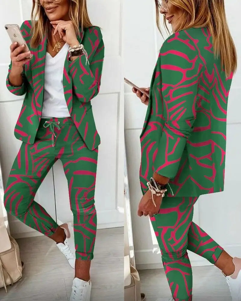 Two Piece Set Women Outfit Office Ladies 2023 Autumn Plaid Print Long Sleeve Elegant Blazer Coats & Drawstring Work Pants Set
