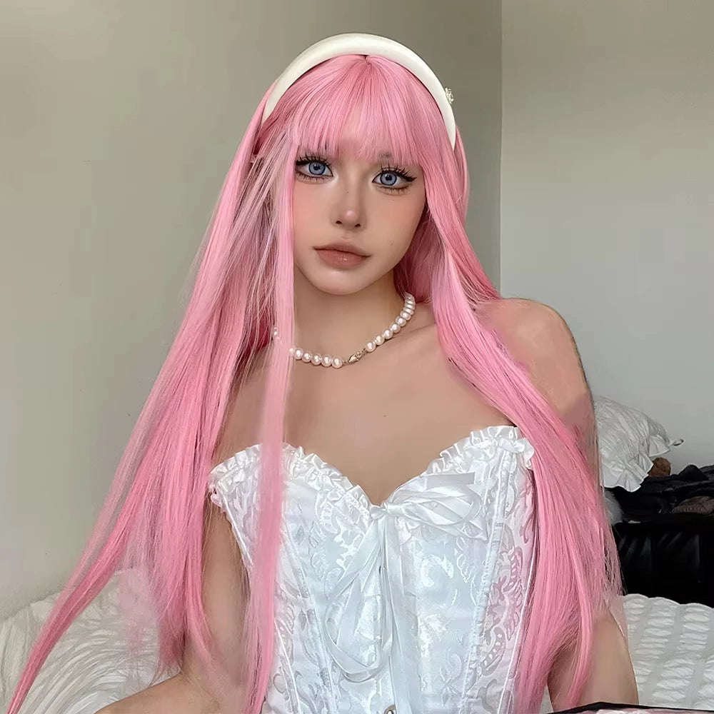Light Pink Long Straight Hair Synthetic Wig for Halloween Cosplay Costume Party, Daily Wear, High-Temperature Silk Wig Cap