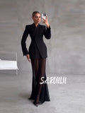 Zweiteiliges Blazer-Set für Damen mit Stehkragen und durchsichtigem Maxirock – elegantes Abendkleid für Partys und festliche Anlässe, in 4 Farben