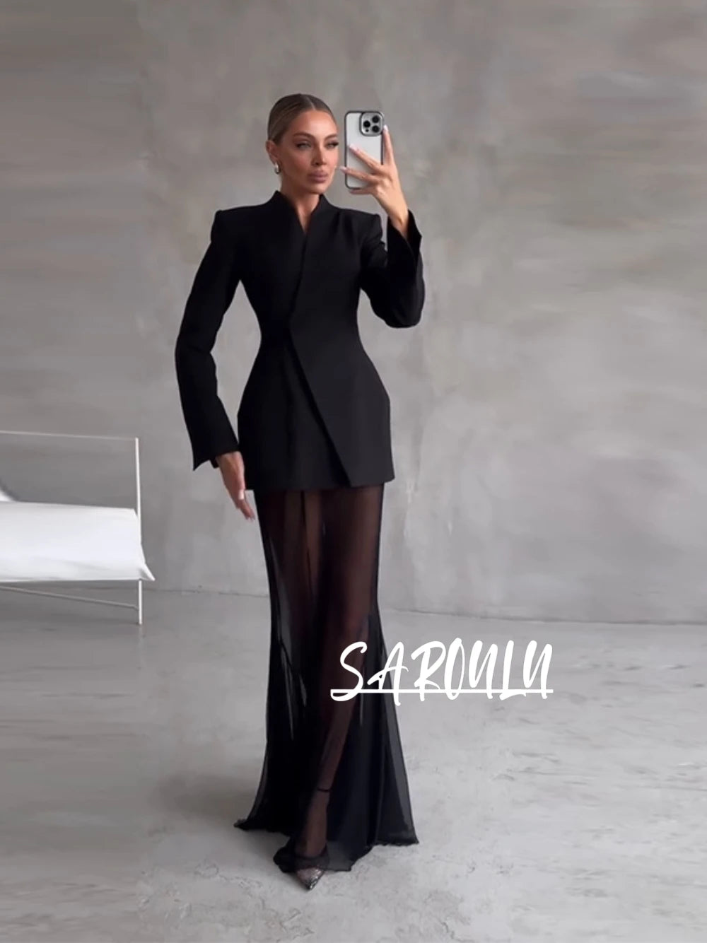 Zweiteiliges Blazer-Set für Damen mit Stehkragen und durchsichtigem Maxirock – elegantes Abendkleid für Partys und festliche Anlässe, in 4 Farben