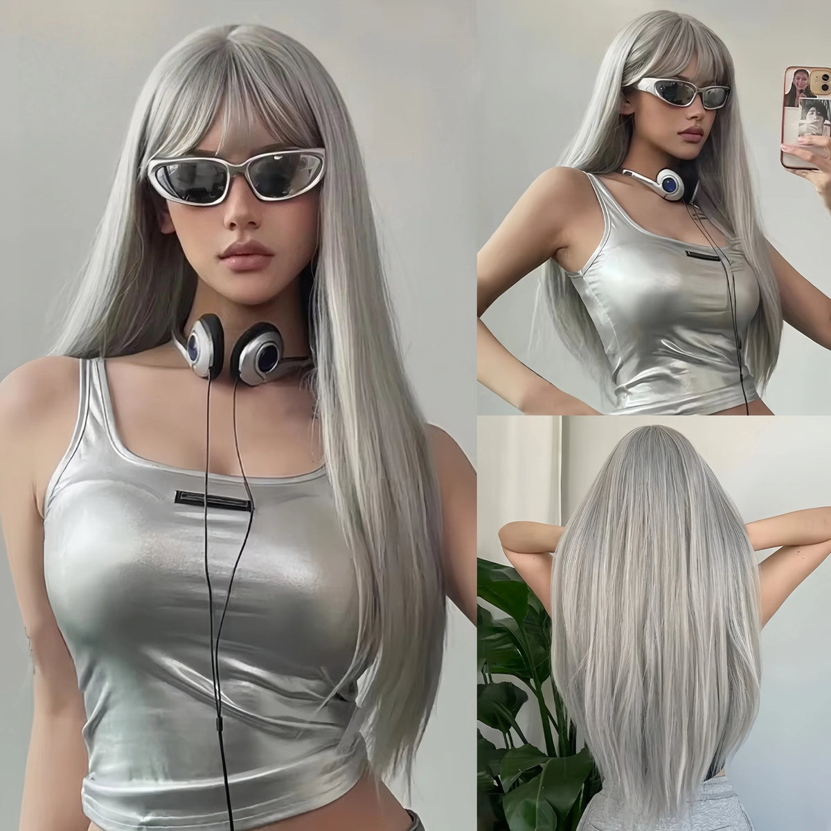 Light Pink Long Straight Hair Synthetic Wig for Halloween Cosplay Costume Party, Daily Wear, High-Temperature Silk Wig Cap