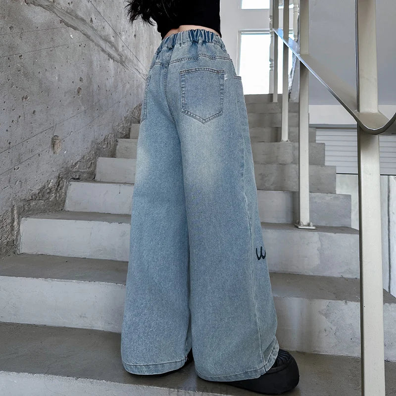 Kids Brand Cartoon Jeans For Girls Wide Leg Loose Denim Pants Children High Quality Jeans Trousers For Teenagers Age 5 To 14 Y