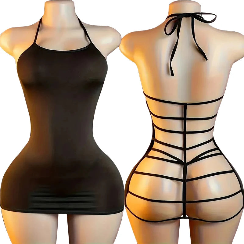 Hot Sexy Nightgowns For Women Erotic Nightie Dress Black Transparent Nightdress Sexy Lingerie Halter Neck Backless Pajamas Set