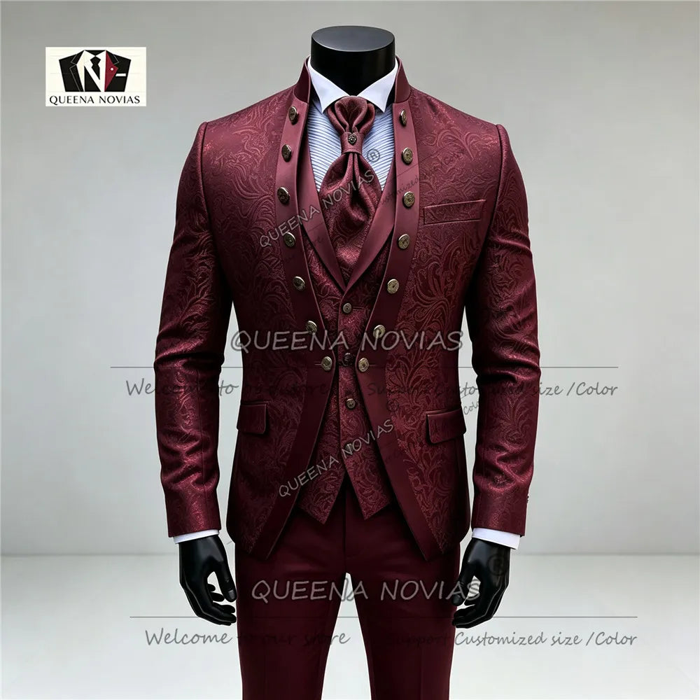 Elegante Hochzeitsanzüge für Herren: florales Jacquard-Sakko, Weste und Hose im 3-teiligen Set, Bräutigam-Smoking, festliche Herrenbekleidung