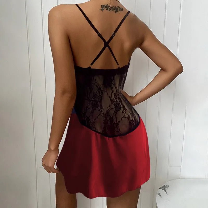 Night Wear Woman Sexy Suspend-Lace Low-Neck Nightdress Solid Color Breathable Sexy Night Lingeries Women Pajamas Dress Romantic