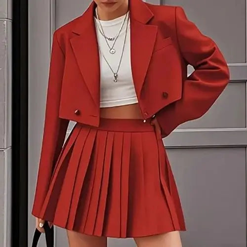 Elegante Blazer-Sets für Damen im Streetwear-Stil: kurze Cropped-Blazerjacke mit Falten-Minirock, Zweiteiler für Damenoutfits