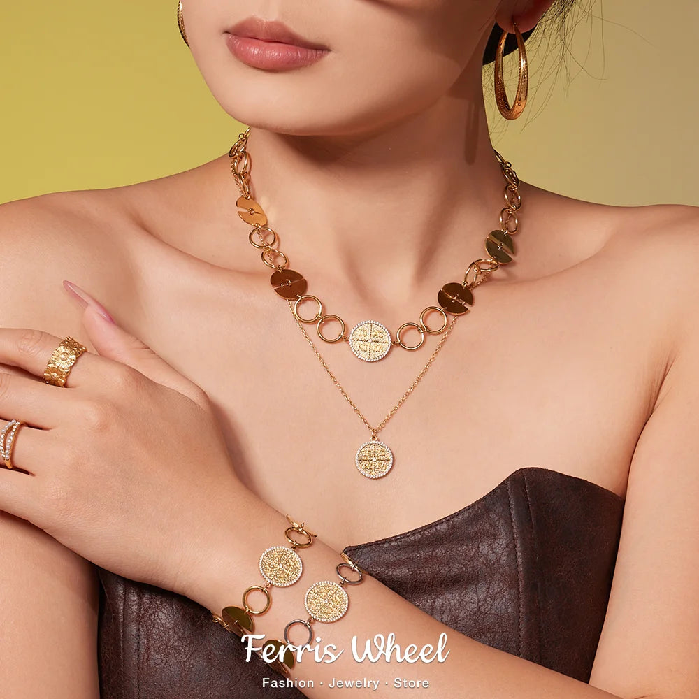 316 Stainless Steel Gold-Plated Large Circular Chain Necklace Choker Women's Shiny Round Zircon Golden Bracelet Jewelry Set