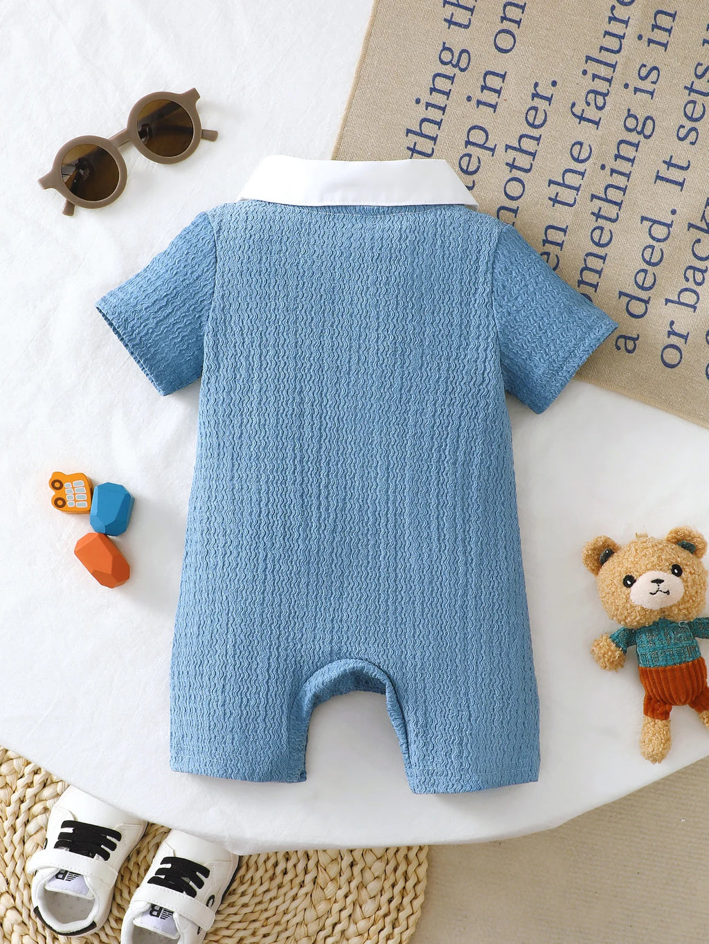 Infant and Toddler Boys' Romper, Stylish Casual Little Gentleman Style with a Faux Two-Piece Design, Short Sleeves, Solid Color, and Bear Embroidery