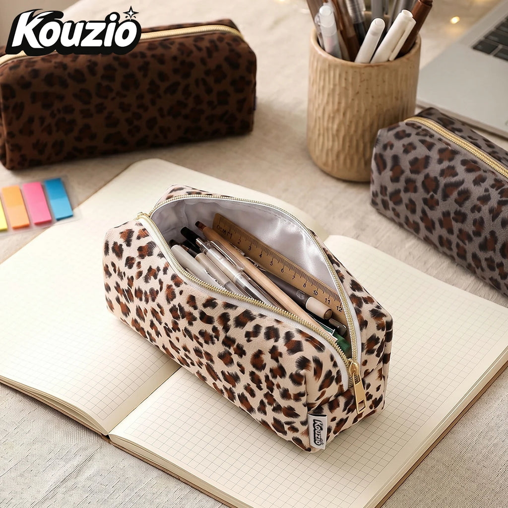 Vintage Leopard Print Suede Pencil Case, Aesthetic School Stationery Bag for Students - KOUZIO