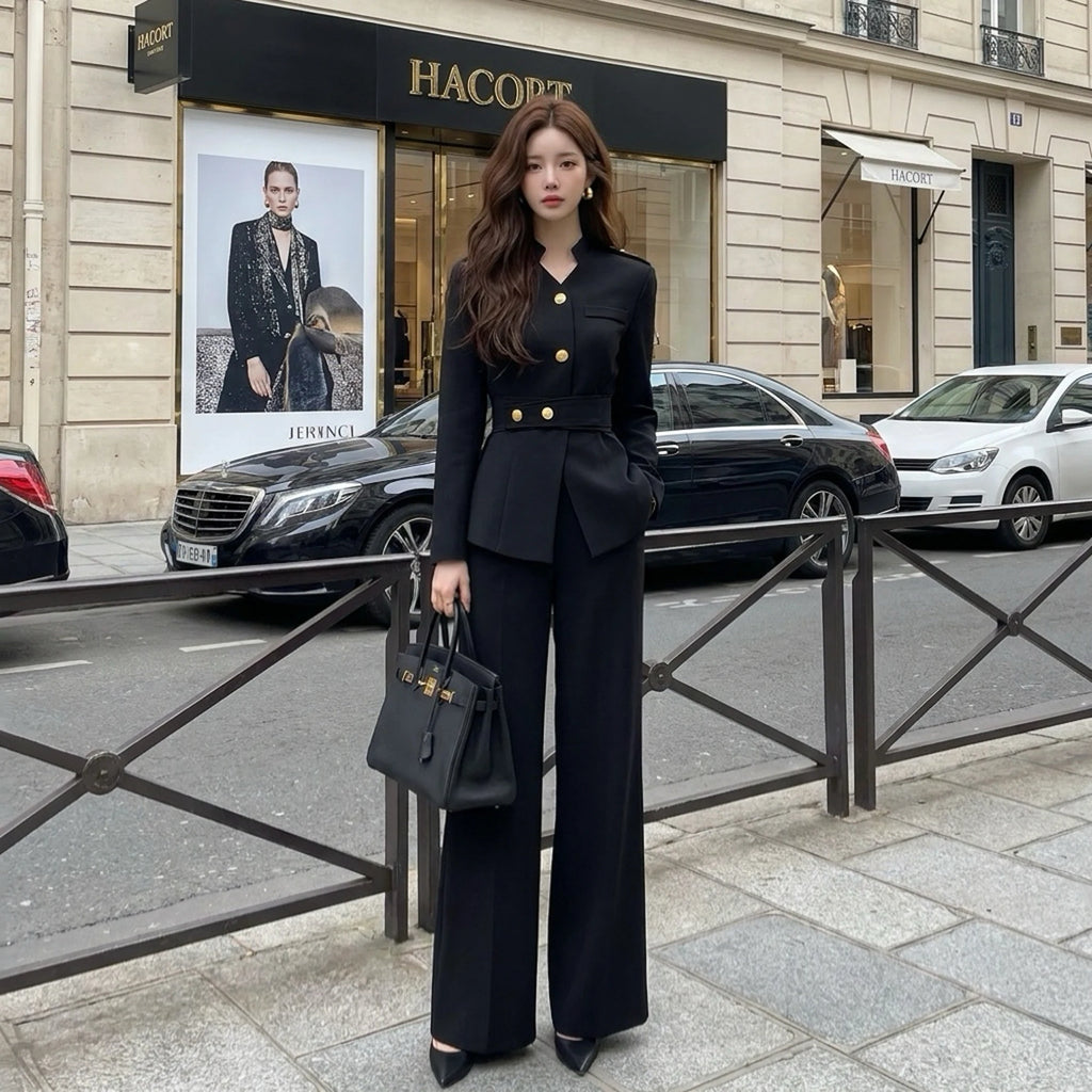 Elegantes Blazer-Anzugset für Damen, einreihiger Blazer mit Gürtel und hoch taillierter Hose mit weitem Bein, Business-Outfit DM3CSE024