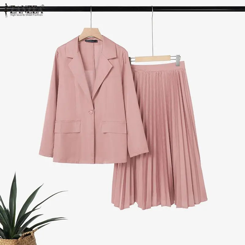 Women's Elegant Office Wear Skirt Suits Long Sleeve Blazer & A-Line Pleated Skirt 2 Pieces Sets ZANZEA Fashion Skirt Sets Outfit