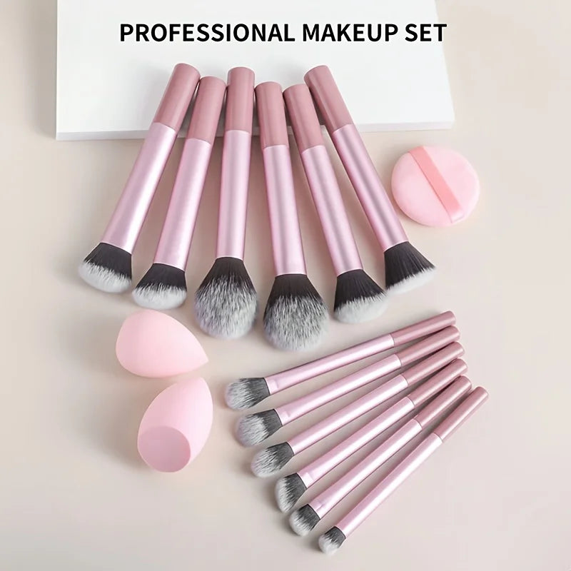 12Pcs Pink Makeup Brushes Set with 2 Beauty Sponges & Powder Puff, Soft Synthetic Hair Cosmetic Brush for Foundation Blush Eyesh