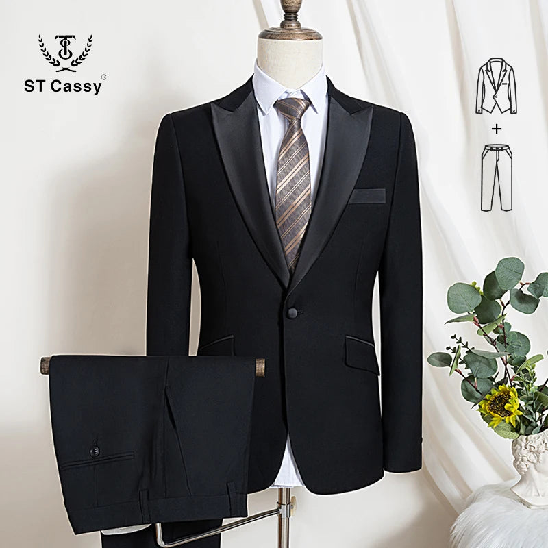 Men's Suit 2-Piece Black Slim Fit Business Casual Suit Set Wedding Groom Suit Banquet Formal Dress Office Black Party Tuxedo