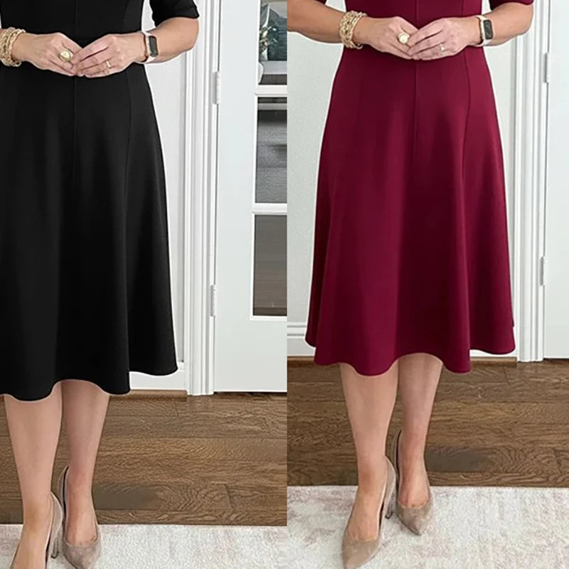 Women Elegant Midi Dress Fashion O Neck Solid Color Short Sleeve Loose A-Line Beach Party Dresses For Women Office Dress