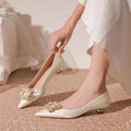 2025 New Women's Wedding Shoes Silk Pumps Pointed Toe Boat Shoes Square Rhinestone Low Heels Dress Shoes Velvet Zapatos