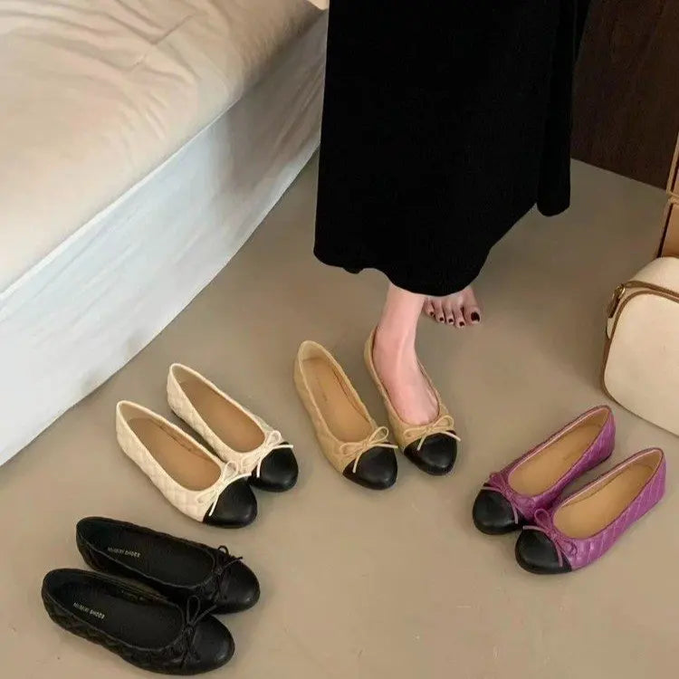 Women's Two-Tone Bowtie Flat Heel Loafers Slip-On Round Toe Dress Flats Comfortable Vintage Shoes for Office Daily Wear Party