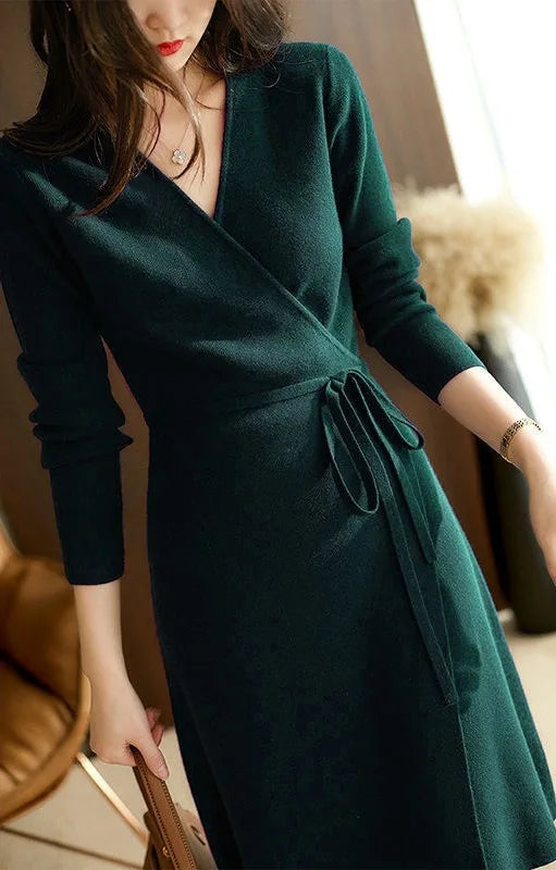 Women Elegant Wrap V Neck Knit Dress Long Sleeve Self Tie Belt Midi Sweater Dress Dark Navy Slim Office Ladies Autumn Winter Kni