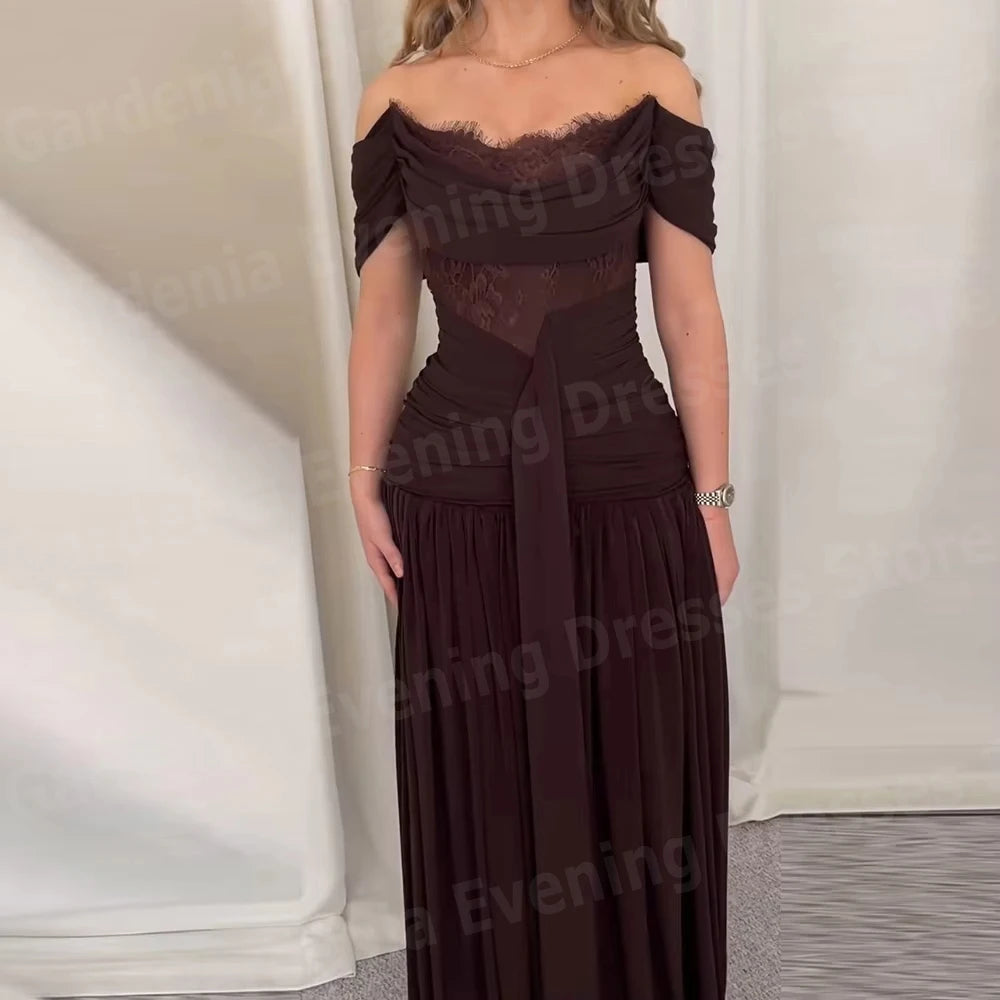 Elegant A Line Women's Evening Dresses Off The Shoulder Lace Sleeveless Prom Gowns Vestidos Para Mujer Customized Robe De Soirée