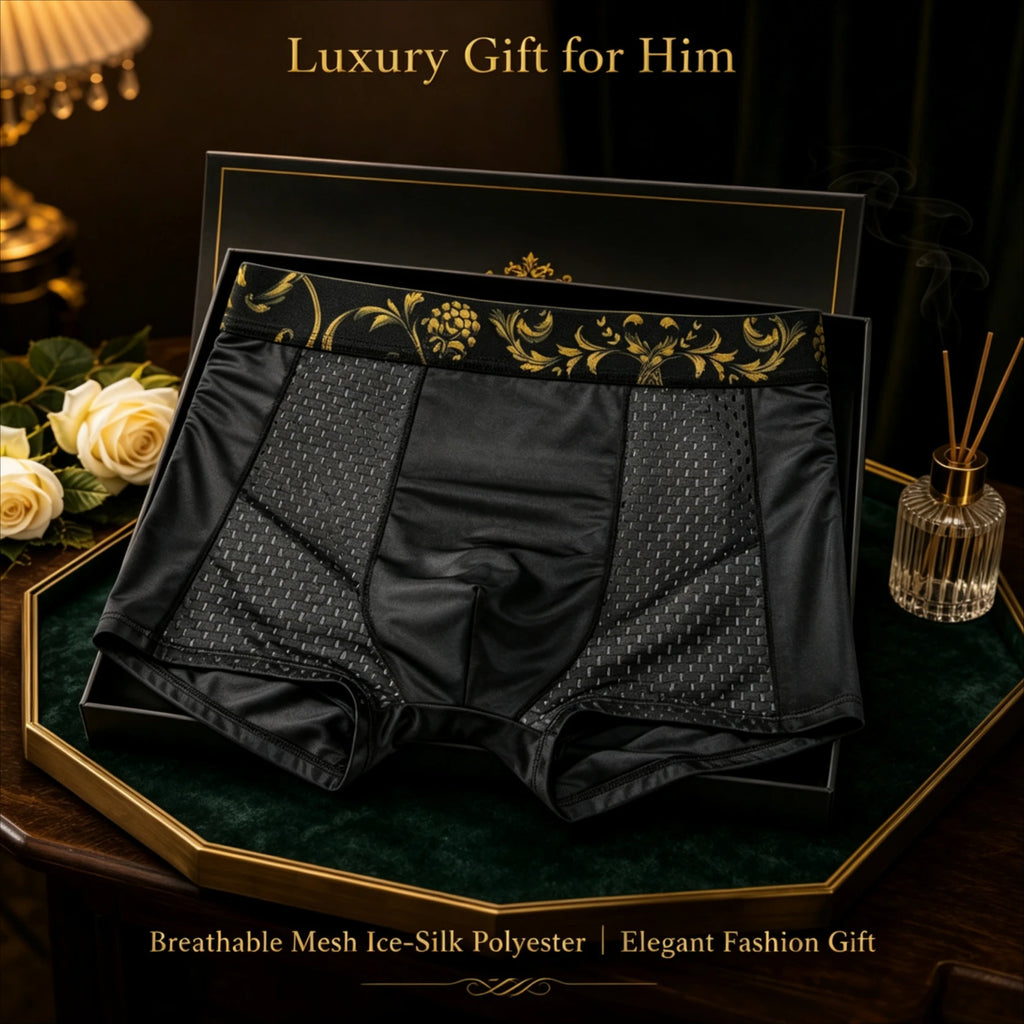 Men Boxer Briefs Luxury Golden Floral Printed Waistband Mesh Breathable Soft Smooth Underwear Men Daily Casual Wear 1/3Pcs Set