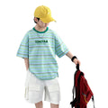 Kids Children Fashion Short Sleeve Green Striped T-shirt for Tweens Boy Summer Clothing Streetwear Cotton Tshirt Outfit Age 5-14