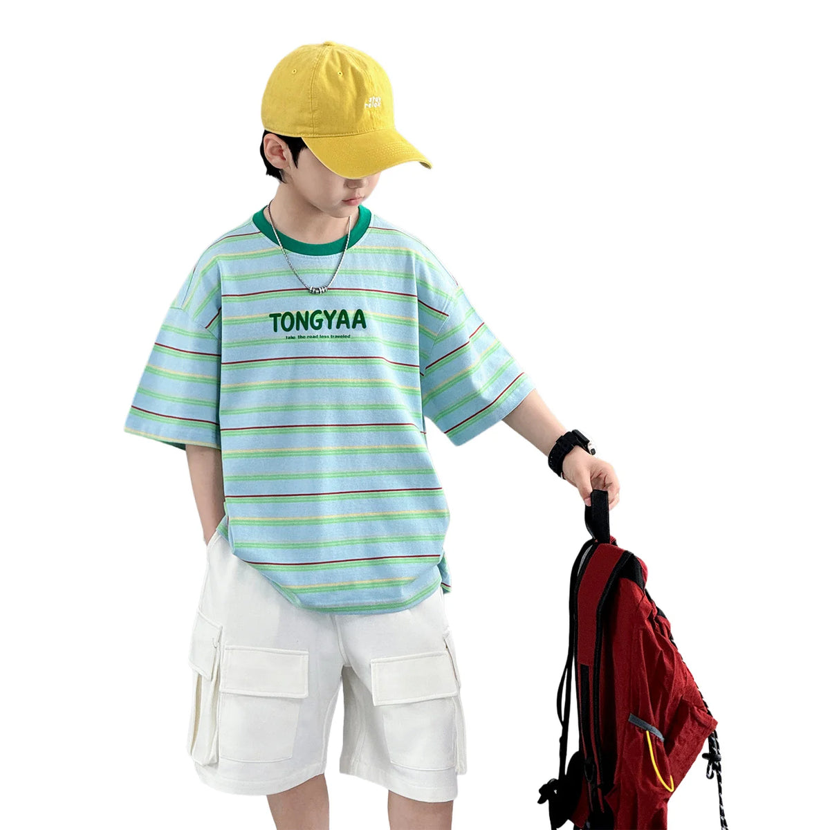 Kids Children Fashion Short Sleeve Green Striped T-shirt for Tweens Boy Summer Clothing Streetwear Cotton Tshirt Outfit Age 5-14