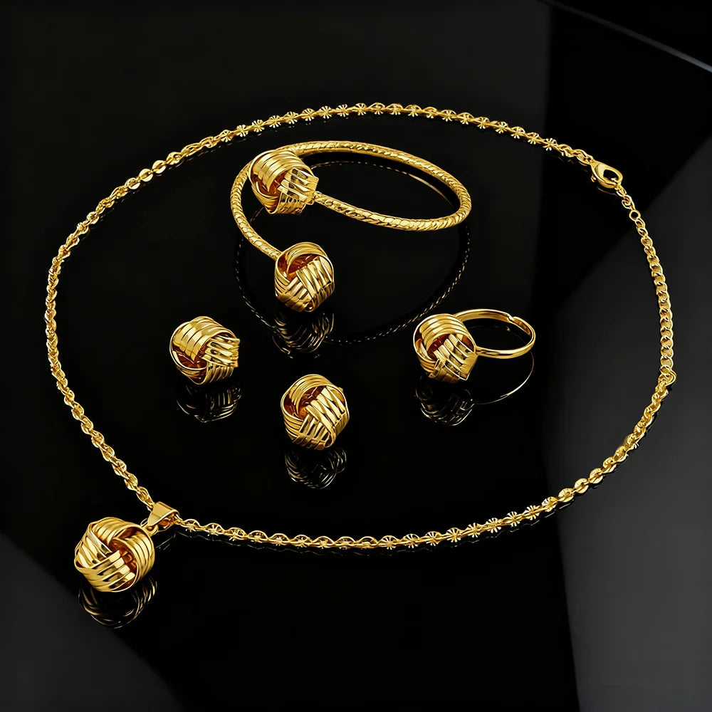 Stainless Steel Jewelry Three-dimensional Ring Earring Necklace Bangle 4Pcs Jewelry Set for Women Geometric Exquisite Jewelry