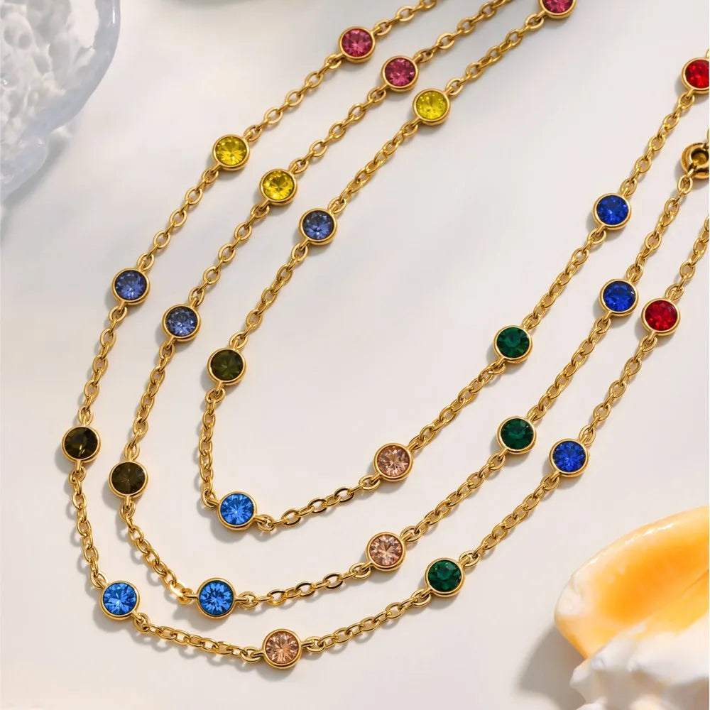 Stainless Steel Chain Necklace Bracelet For Women 18k Gold Plated Non Tarnish Multi Colorful Zircon Necklaces Matching Bracelets