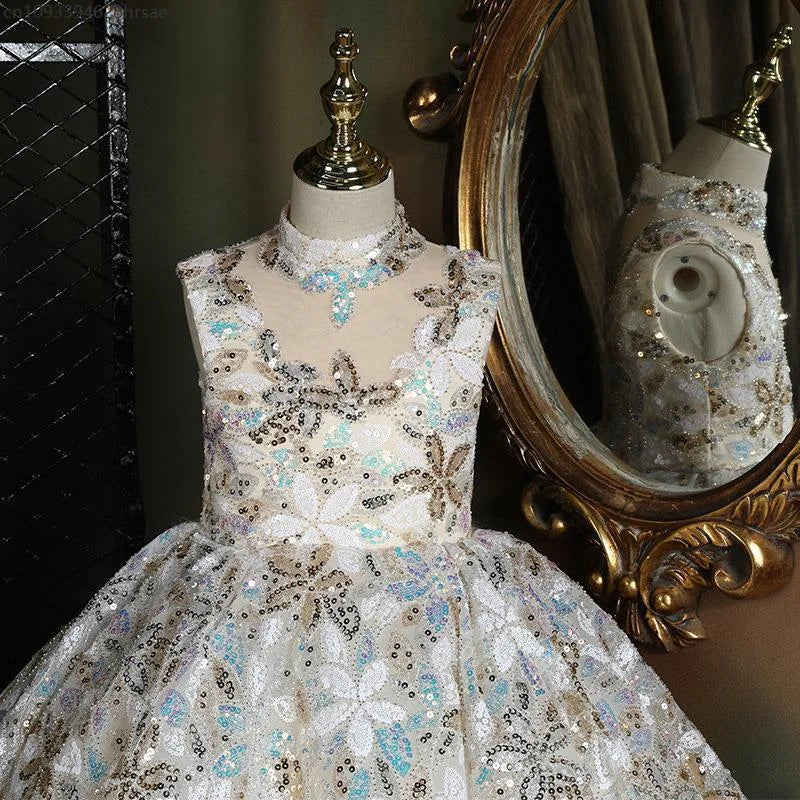 Girls Birthday Party Sleeveless Dress Sequin Flower Evening Dresses Piano Model Catwalk Performance Costumes Ball Gown