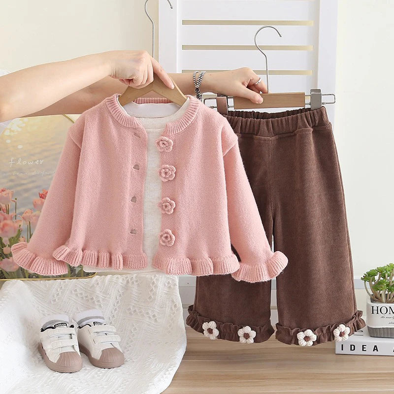 Baby Girls Clothing Sets Spring Autumn Children Casual Clothes Outfits Infant Floral Knitted Coat T Shirt Pants 3 Pieces Suits