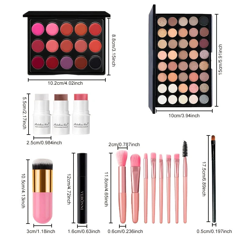 9Pcs All In One Makeup Kit 40 Colors Eyeshadow 15 Shade Lip Palette Blush Stick Mascara Makeup Brushes Lip Brush Full Face Cosme