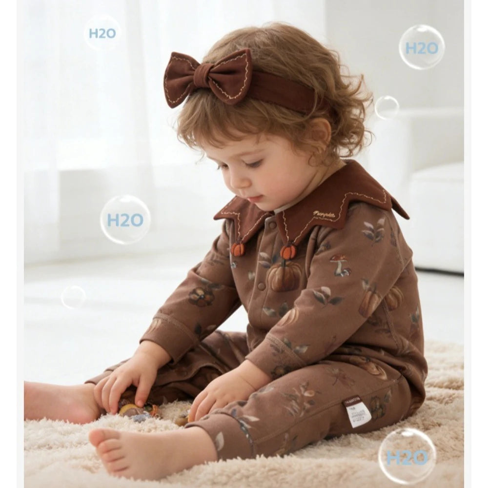 Baby Romper 100% Cotton Seamless Long Sleeve Front Button Newborn Jumpsuit All Seasons Soft Breathable Outfits for 0-24M
