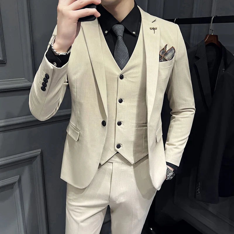 Men's 3 Piece Suit Set Single‑Button Slim Fit Solid Color Business Casual Wedding Party Jacket Vest Pants Formal Outfit for Men
