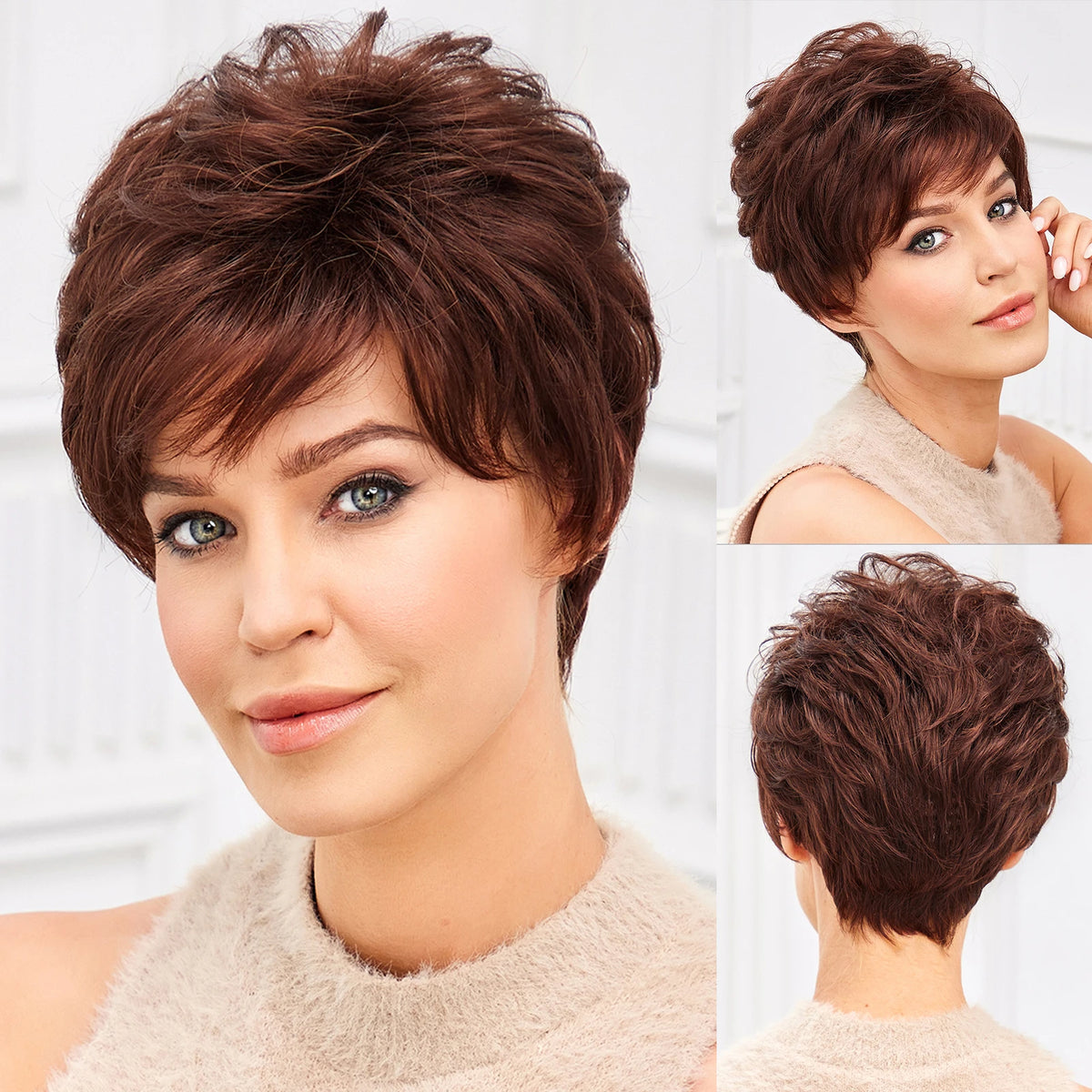 Short Pixie Cut Ash Blonde Wigs for Women with Bangs Blonde Natural Layered Blend Hair Kanekalon Human Hairs Like Texture Wigs