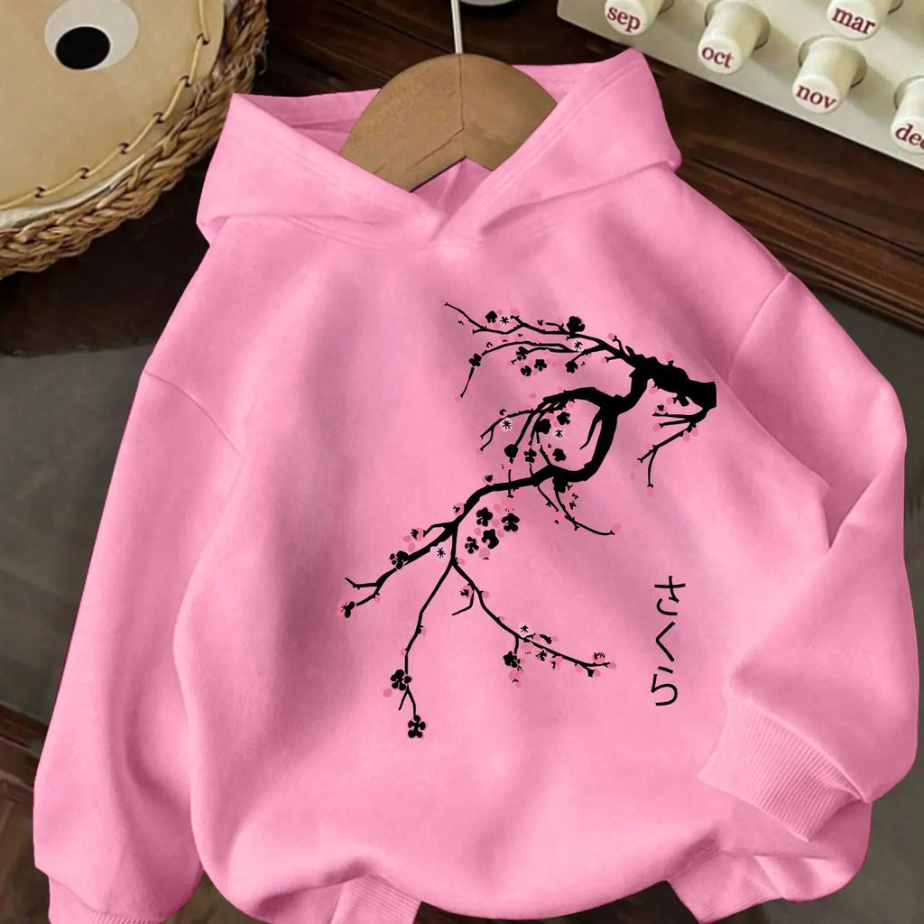 Kids' casual hoodie, Japanese style sweet cherry blossom print hooded sweatshirt, sweet and cool kids' casual top.